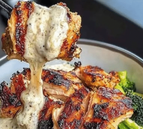 Grilled Chicken & Broccoli Bowls with Creamy Garlic Sauce