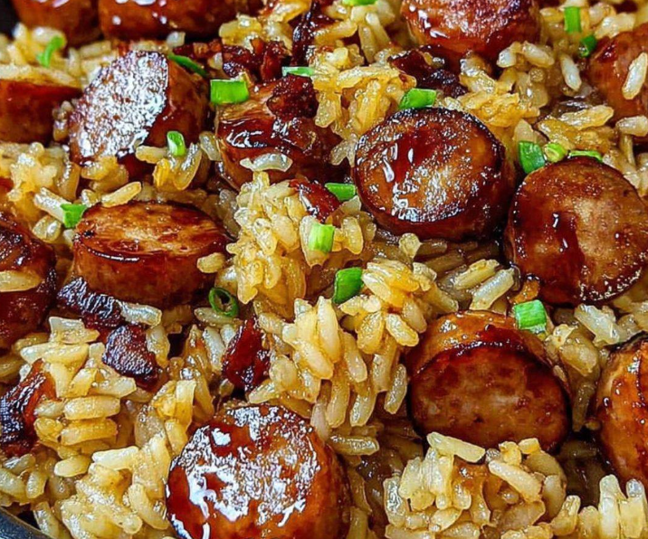 ONE PAN SWEET AND TANGY BARBECUE SAUSAGE RICE