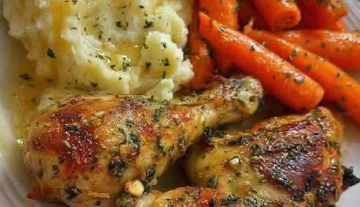 Herb Baked Chicken Drumsticks with Mashed Potatoes & Carrots