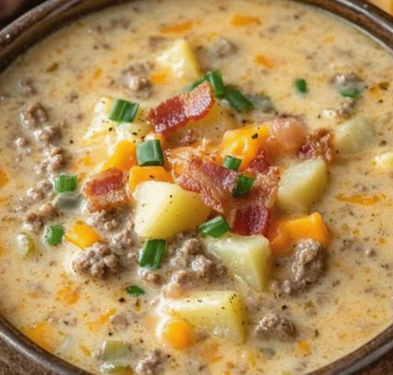 Slow Cooker Cheesy Burger Flavored Soup