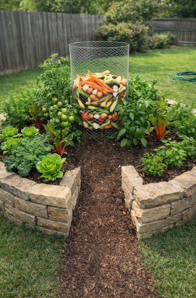 A keyhole garden feeds itself from a built-in compost basket at the center.